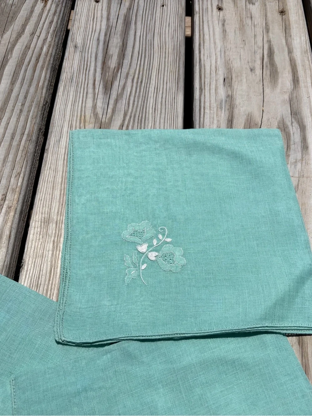 4‎ Embroidered Linen Napkins Green Edge Floral Farm Country Vtg Handkerchief